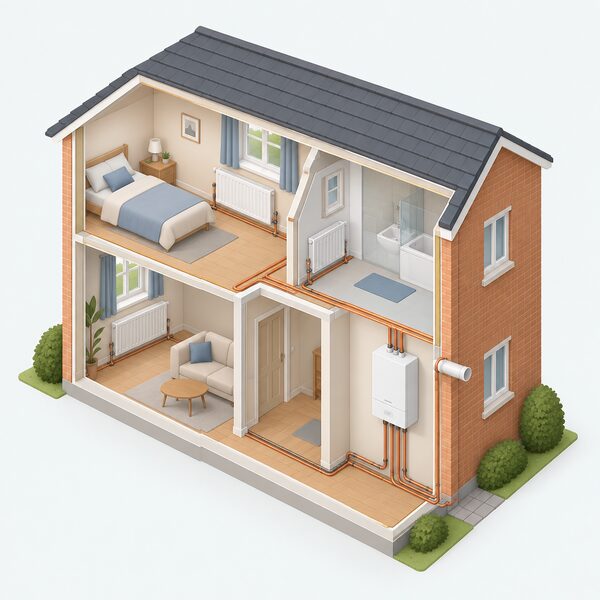 A cutaway view of a UK home showing a wall-mounted gas boiler indoors with its flue passing horizontally through the outside wall, connected by pipework to radiators in the rooms beyond.