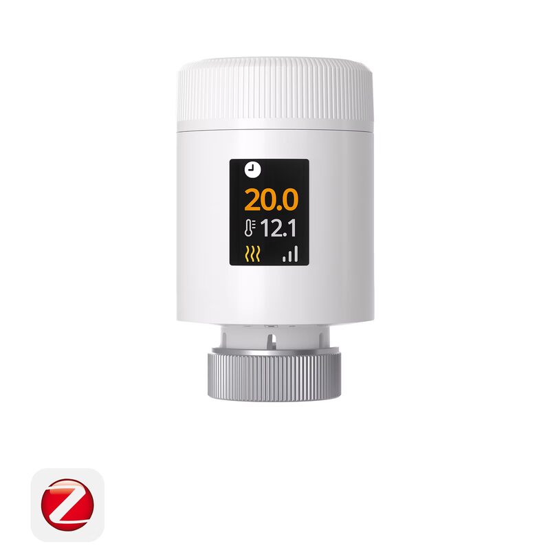 A white smart thermostatic radiator valve (TRV) with a digital display showing set and current temperatures