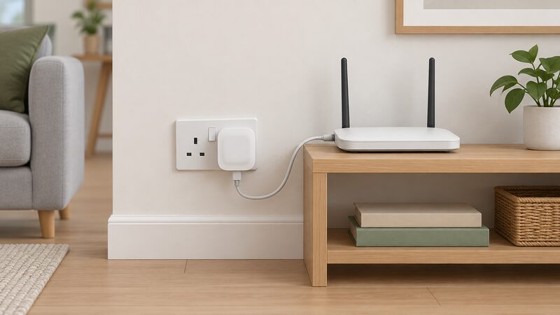 A small Zigbee gateway plugged into a standard wall socket on a skirting-level socket plate beside a Wi-Fi router on a shelf, with a short cable linking gateway to router, in a plain home interior.