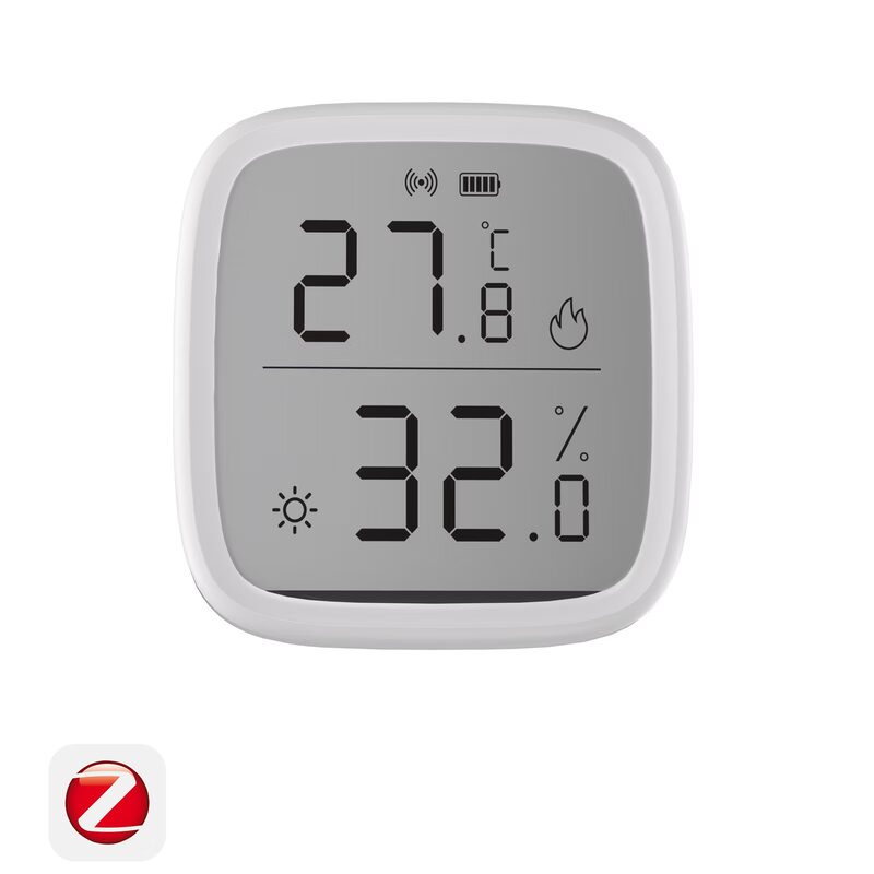 A white SONOFF SNZB-02D Zigbee LCD temperature and humidity sensor displaying 27.8°C and 32.0% humidity