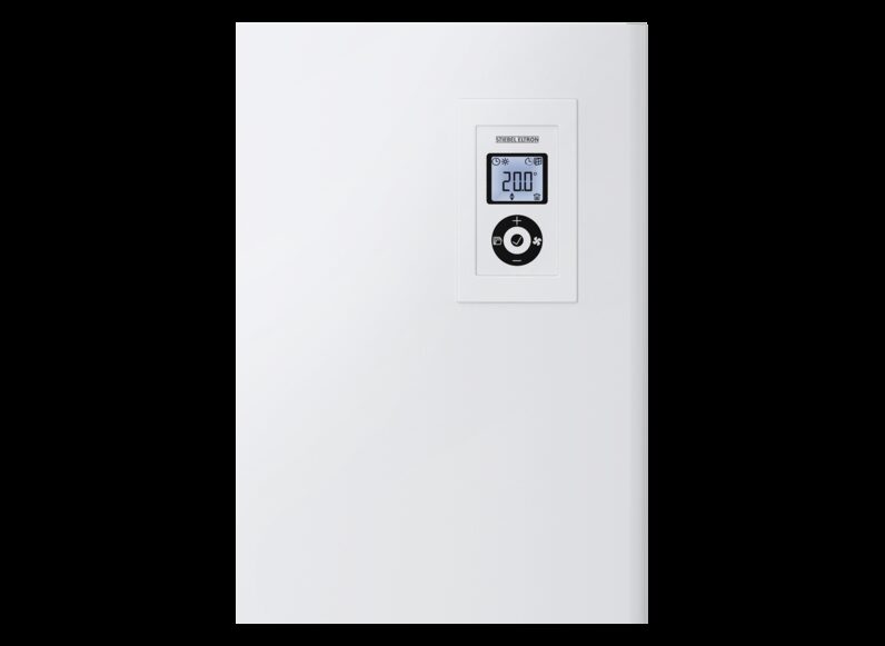 A white Stiebel Eltron SHS 2400 storage heater with a digital display and control dial