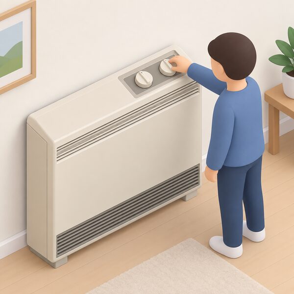 A close view of an older manual storage heater standing against a room wall, focusing on its top control panel with two rotary dials, the input dial and the output dial, drawn large and clear with a simplified isometric figure adjusting one dial.