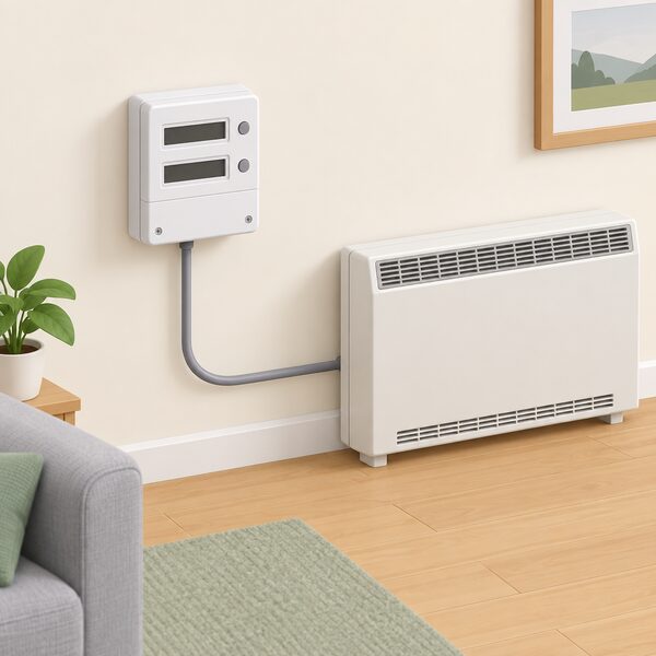 A white dual rate electricity meter mounted on an interior wall of a home, with its two registers shown as blank display blocks and a cable running from it toward a storage heater, indicating the overnight cheap-rate supply.