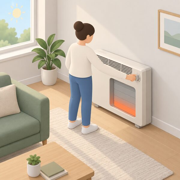 A daytime living-room scene showing a person turning the boost control dial on a storage heater, with the heater's core charge visibly low so the boost is topping up heat during the day.