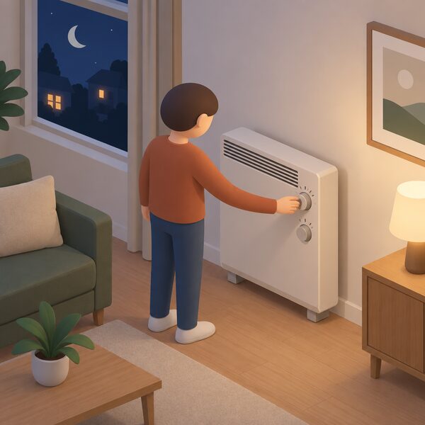 A simplified isometric figure stands beside a manual storage heater in an evening living room, one hand on the heater's input dial, turning it up, with a window beside showing a dark evening sky outside.