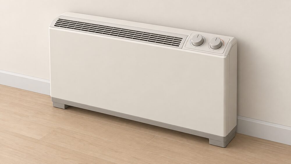 A close-up of a single manual storage heater standing against a plain wall, its two round control dials on the top panel clearly visible: the input dial for overnight charge and the output dial for heat release, with no other equipment in the scene.