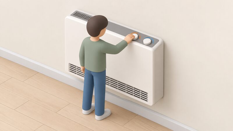 A close view of a wall-mounted manual storage heater with its top control panel clearly shown, featuring two rotary dials side by side, one for input charge and one for output release, with a simplified figure adjusting one dial.