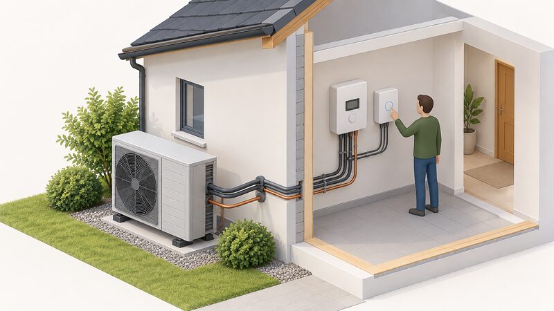 An isometric cutaway of a house showing an air-to-water heat pump outdoor unit beside an outside wall, connected through the wall to an indoor wall-mounted controller mounted alongside the heat pump's own existing control unit, both wired to the heat pump so neither replaces the other.