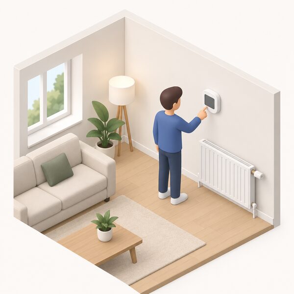 A plain unbranded smart thermostat mounted on an interior wall of a home, shown as a simple rounded wall unit with a blank display, with a radiator and a small isometric figure nearby to show it controlling the heating.