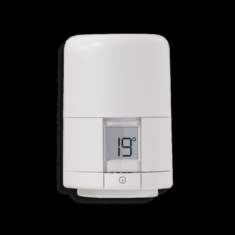 A white Hive smart thermostatic radiator valve head with a small display reading 19 degrees