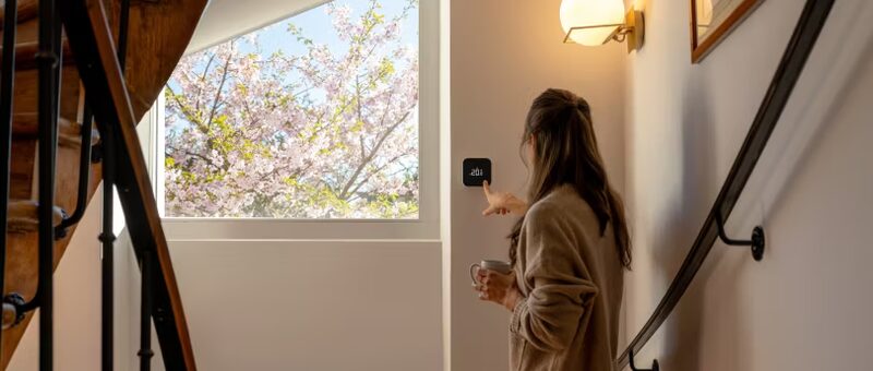 A woman adjusting a tado° Smart Thermostat X mounted on a wall beside a staircase window