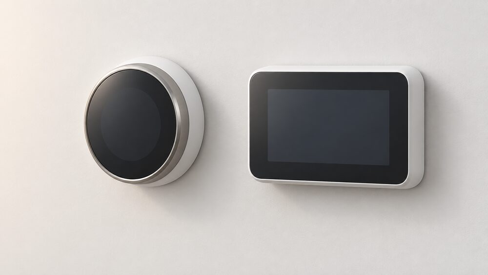 Two smart thermostat control units mounted side by side on a plain interior wall, one with a round dial design and one with a rectangular screen, both blank-faced, shown close up with no other equipment.