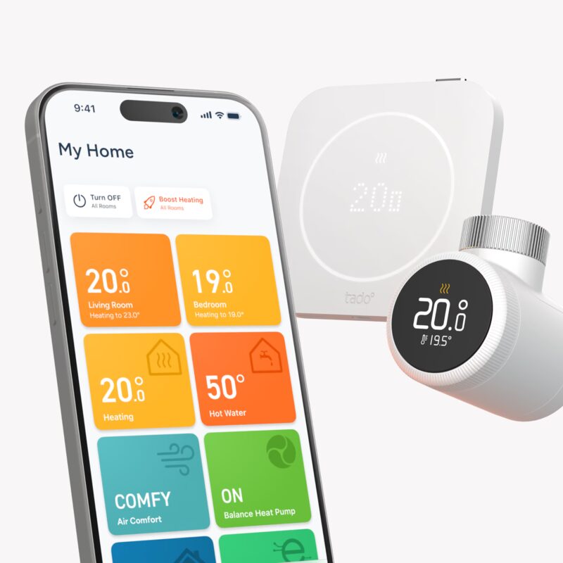 A tado° smart thermostat, radiator valve and smartphone app showing home heating controls
