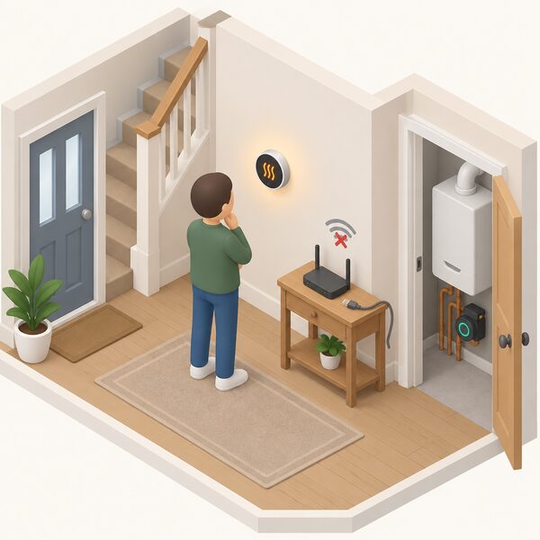 A small isometric figure stands in a home hallway looking at a smart thermostat mounted on the wall, with a broken internet connection symbolised by an unplugged router nearby, while the thermostat itself holds its heating schedule locally and the heating continues to run on schedule.