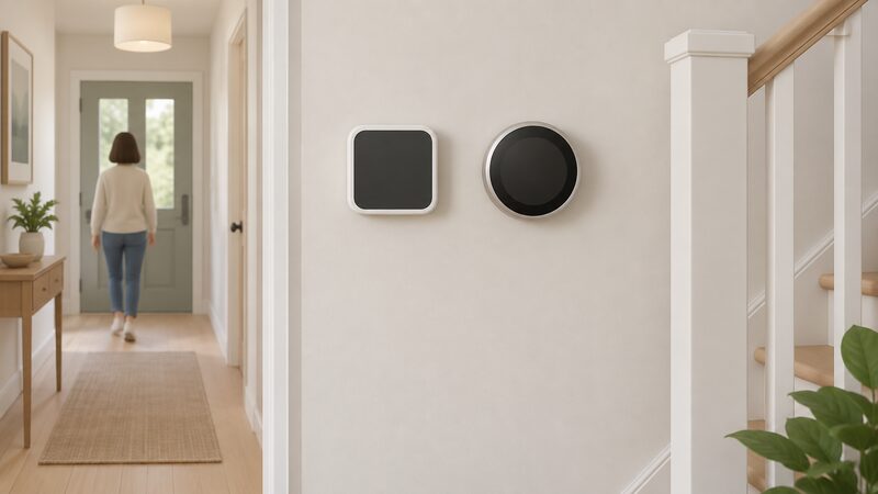 A plain home hallway wall with a wall-mounted tado° Smart Thermostat and a Google Nest Learning Thermostat side by side, both as simple rounded wall units with plain unmarked displays, shown at eye level with no other equipment visible.