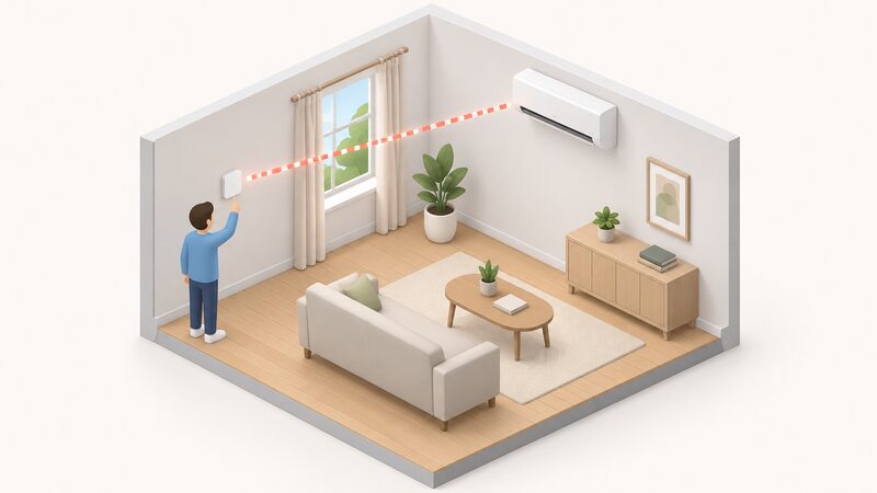 A small isometric figure stands in a room beside a tado° Smart AC Control mounted on the wall, pointing infrared signals toward a wall-mounted split air conditioning unit on another wall, with a simplified infrared beam linking the control to the unit.