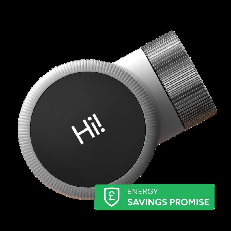 A tado° smart radiator thermostat with a black circular display reading 'Hi!' and a green 'Energy Savings Promise' badge