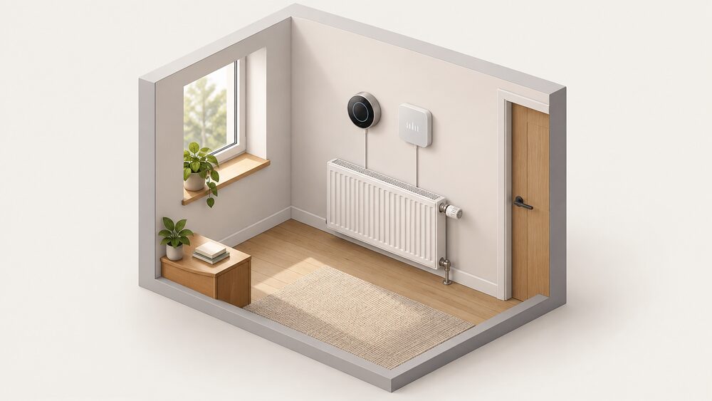 A close-up of an interior wall in a home with two smart thermostats mounted side by side at eye level, one round dial-style and one square with a small vertical display, each wired back to the wall, with a radiator visible below.