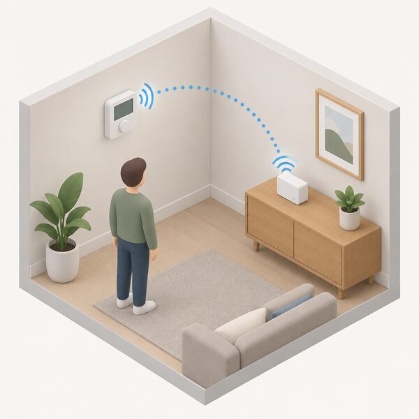 A small isometric room scene showing a wireless thermostat mounted on an inside wall with a receiver unit on a nearby surface, a dotted radio-link arc between the two and no wires connecting them.