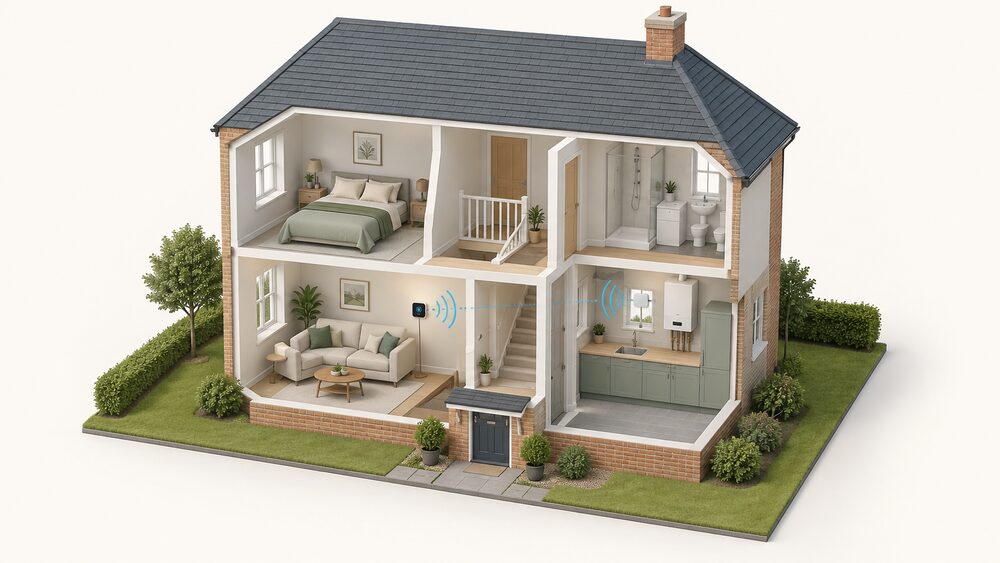 A cutaway house showing a battery-powered wireless smart thermostat mounted on an internal living-room wall away from radiators, doors and windows, sending a radio signal to a small receiver wired beside the boiler in the kitchen, with no cable running between them.