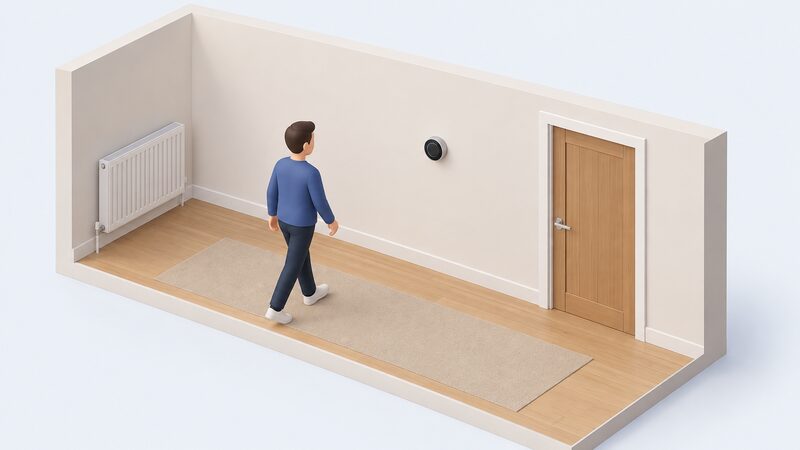 A home hallway with a smart thermostat mounted on an internal wall at head height, positioned well away from a radiator on one side and a closed doorway on the other, with no furniture, curtains or windows nearby.