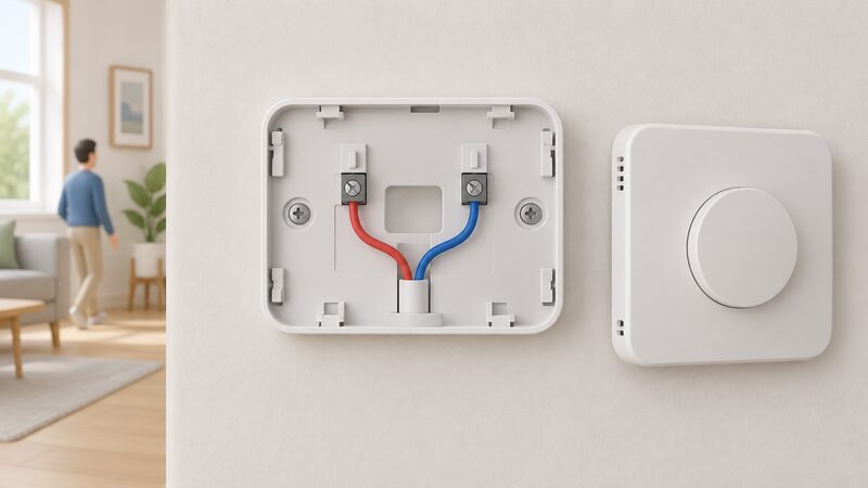 A wall-mounted thermostat with its front cover removed, revealing a backplate with just two wires connected to terminals and no common terminal, drawn as a simple cutaway against a plain interior wall.