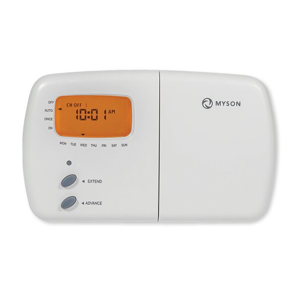 A white Myson single-channel heating programmer with an orange digital display showing the time and day buttons