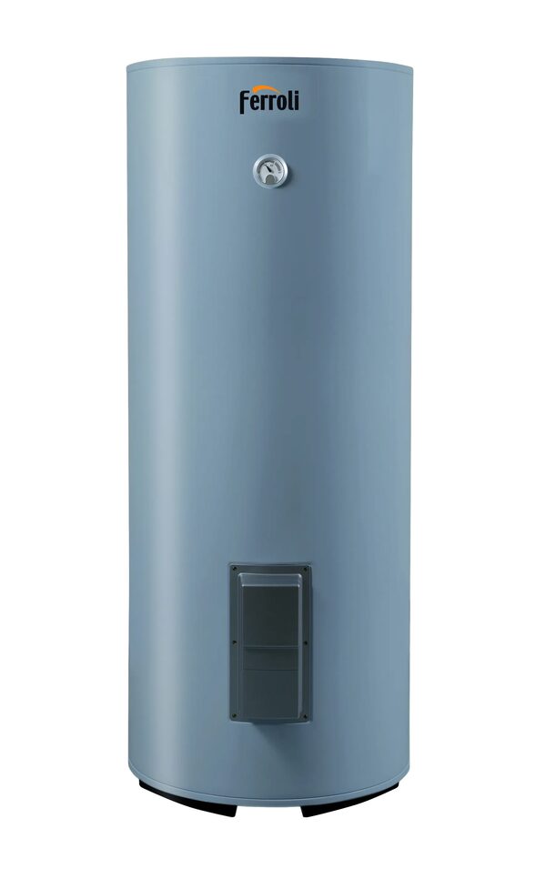 A Ferroli ECOUNIT HP hot water storage cylinder, a tall light-blue cylindrical tank with a thermometer and grey control panel