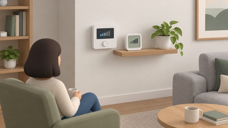 A wall-mounted thermostat beside a separate room thermometer placed nearby on a shelf, both in the same spot of a living room clear of radiators, sunlight and draughts, with their displays showing plain temperature readings side by side for comparison.