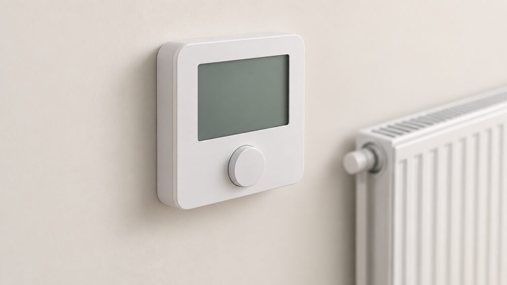 A close-up of a wall-mounted digital room thermostat in a living room, its blank display showing no numbers, with a radiator visible in the soft background on the same wall, and nothing else in the scene.