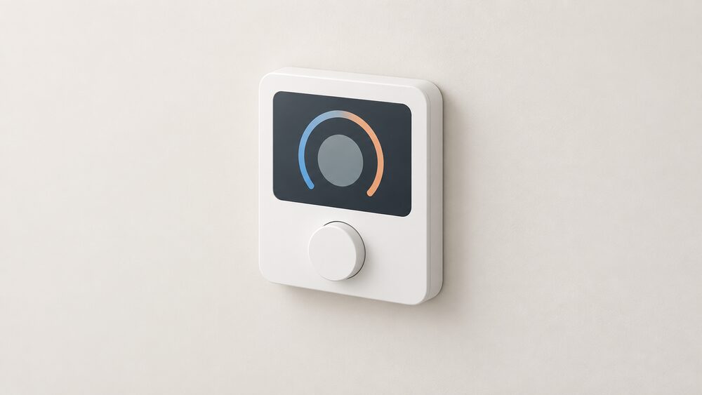 A close-up of a single wall-mounted room thermostat on an interior wall, unobstructed, with clear space around it and no furniture, curtains or heat sources nearby.
