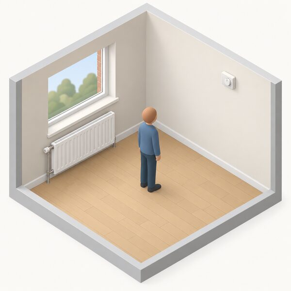 A simply drawn room where a radiator fitted with a plain manual control valve on one end stands on an outside wall, while a small wall-mounted room thermostat box is fixed on the opposite wall of the same room, with a simplified isometric figure standing between them.