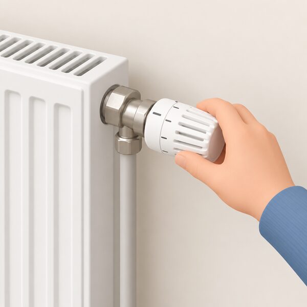 A close view of a plain mechanical thermostatic radiator valve head screwed onto the valve body at one end of a household radiator, with a hand turning its dial, and no batteries, wiring, cables or wireless devices anywhere in the scene.