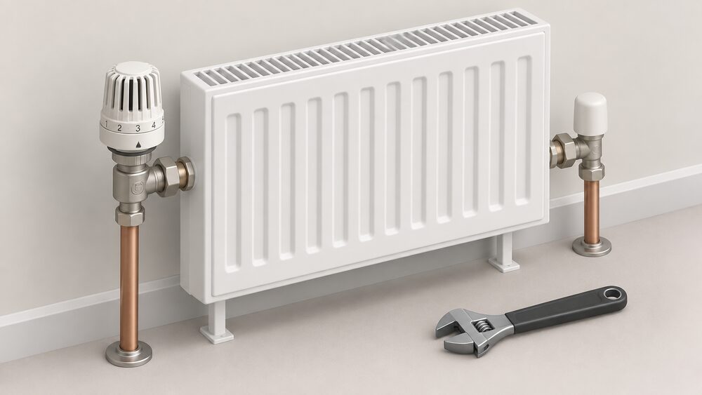 A close-up of a single thermostatic radiator valve head with a numbered dial screwed onto the valve body at the inlet pipe of a wall radiator, with a lockshield valve capped on the opposite end and a spanner resting nearby.