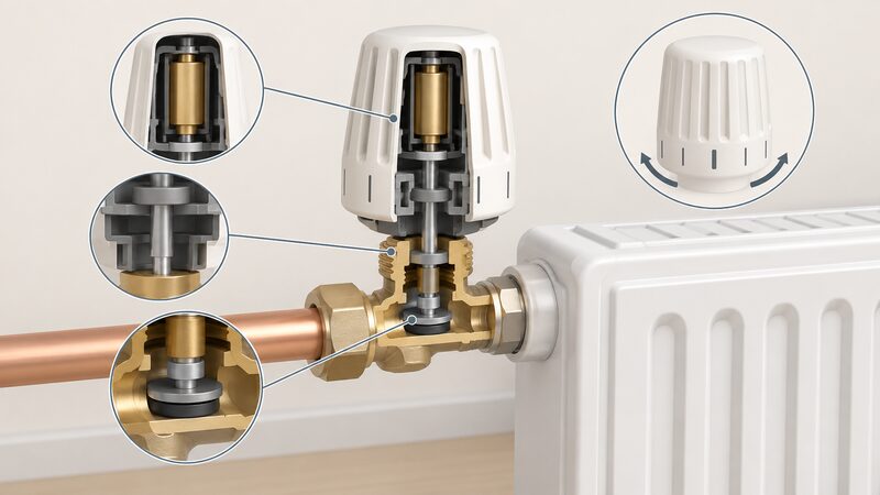 A cutaway view of a thermostatic radiator valve fitted to the flow-side inlet pipe of a radiator, showing the numbered rotating head, the wax sensing element above, the pin it presses down onto, and the valve body regulating water flow into the radiator.