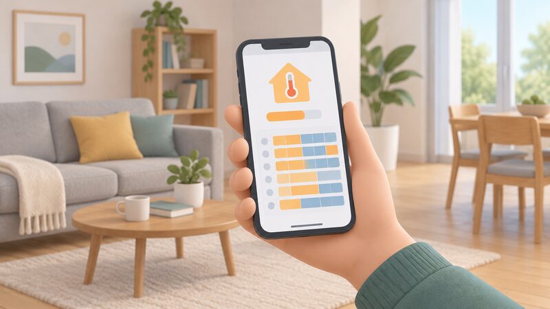 A hand holding a smartphone in a home setting, the screen showing a heating control app with a weekly schedule grid and a room temperature reading, drawn as a physical object with content shown only as blank lines and plain colour blocks.