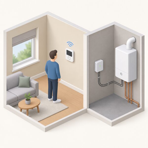 A wall-mounted Wi-Fi room thermostat in a home interior, with a small isometric figure, and its receiver unit wired by visible cables to the adjacent existing boiler, shown as one connected system.