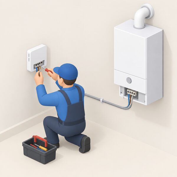 A small isometric figure of an installer wiring a wall-mounted thermostat receiver to a nearby wall-hung boiler, with the connecting cable and terminals shown as the focus of the scene.