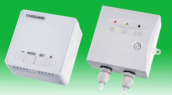 A Timeguard TRTWIFI WiFi programmable digital room thermostat, shown as a white control unit and matching receiver box on a green gradient background