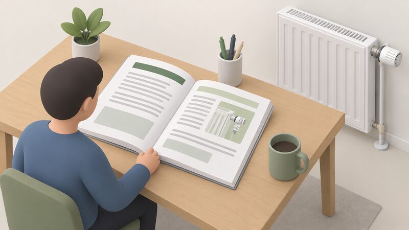A printed page of Approved Document L Volume 1 lying open on a desk, its heating controls section shown as plain text lines and simple blocks, with a small isometric figure reading it beside a radiator with a thermostatic valve.