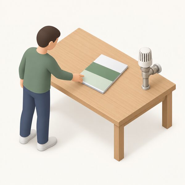 A closed paper booklet lying on a wooden desk, its cover shown as plain colour bands with no readable words, beside a radiator valve on a short pipe stub, with a small isometric figure standing at the desk reaching to pick the booklet up.