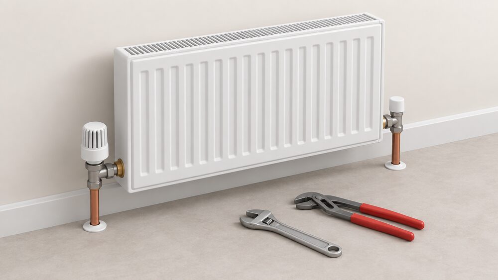 A close-up of a panel radiator with a thermostatic radiator valve head fitted on its flow pipe connection, a second lockshield valve on the opposite end, and an adjustable spanner and pipe grips resting on the floor beside it as if a new radiator has just been installed.