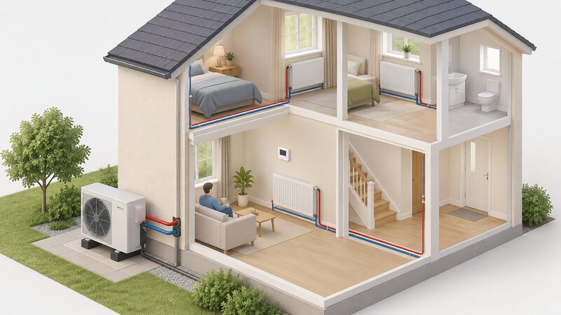 A simplified cutaway house with an air source heat pump outdoor unit on the outside wall, connected by insulated pipes to an indoor radiator circuit, with a wall-mounted room thermostat in the living room and plain radiators without valve heads.