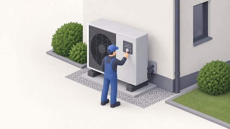 An installer standing beside an outdoor heat pump unit, adjusting the heating curve on the unit's controller during commissioning, with the heat pump's own controls regulating the system.