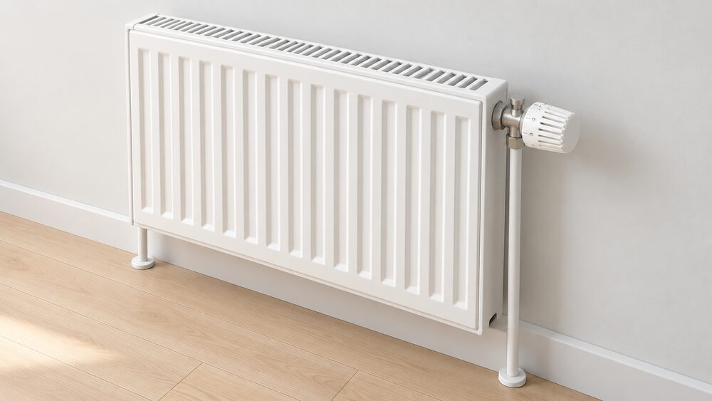 A close-up of a single panel radiator against a plain wall, with a thermostatic radiator valve fitted at one end, its valve head a cylindrical dial marked with numbered settings, shown in daylight with no other equipment present.