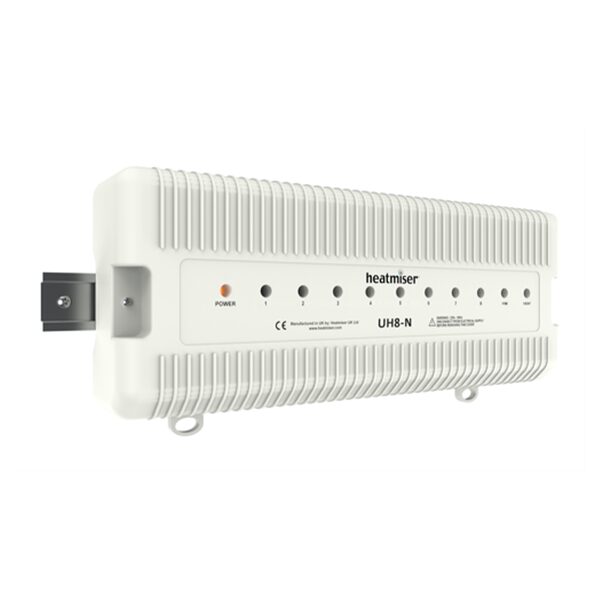 A white Heatmiser UH8-N 8-zone wiring centre for underfloor heating, shown on a plain background