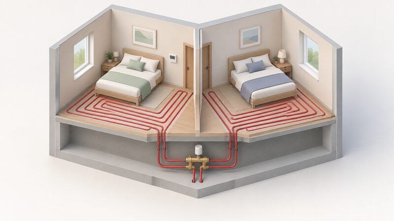 An isometric cutaway of two similar bedrooms side by side, both with underfloor heating loops running down through the floor to a single manifold with one actuator, and one wall thermostat in one bedroom controlling the shared zone.