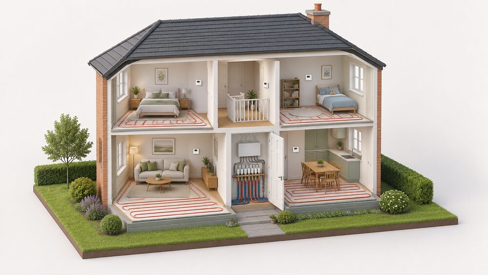 A cutaway two-storey house showing a room thermostat on the wall of each of several rooms, with the underfloor heating manifold and wiring centre in an airing cupboard or utility space connecting the loops beneath the floors.