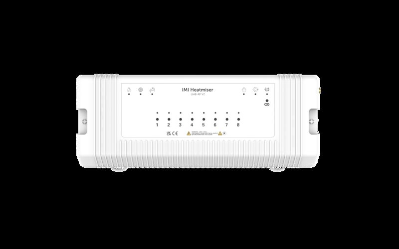 A white Warmup wiring centre (UH8-RF V2) by IMI Heatmiser with numbered connection terminals, shown on a plain background