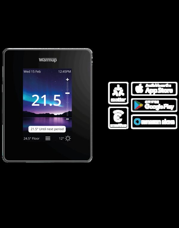 A Warmup smart WiFi thermostat for underfloor heating with a black touchscreen displaying the temperature set to 21.5 degrees